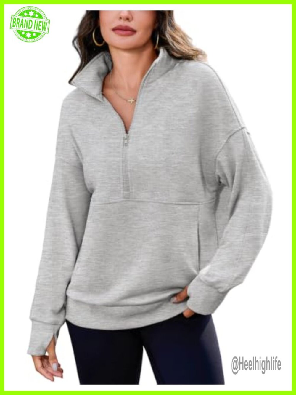 Half Zip Oversized Sweatshirt Drop Shoulder Pullover Thumb Holes